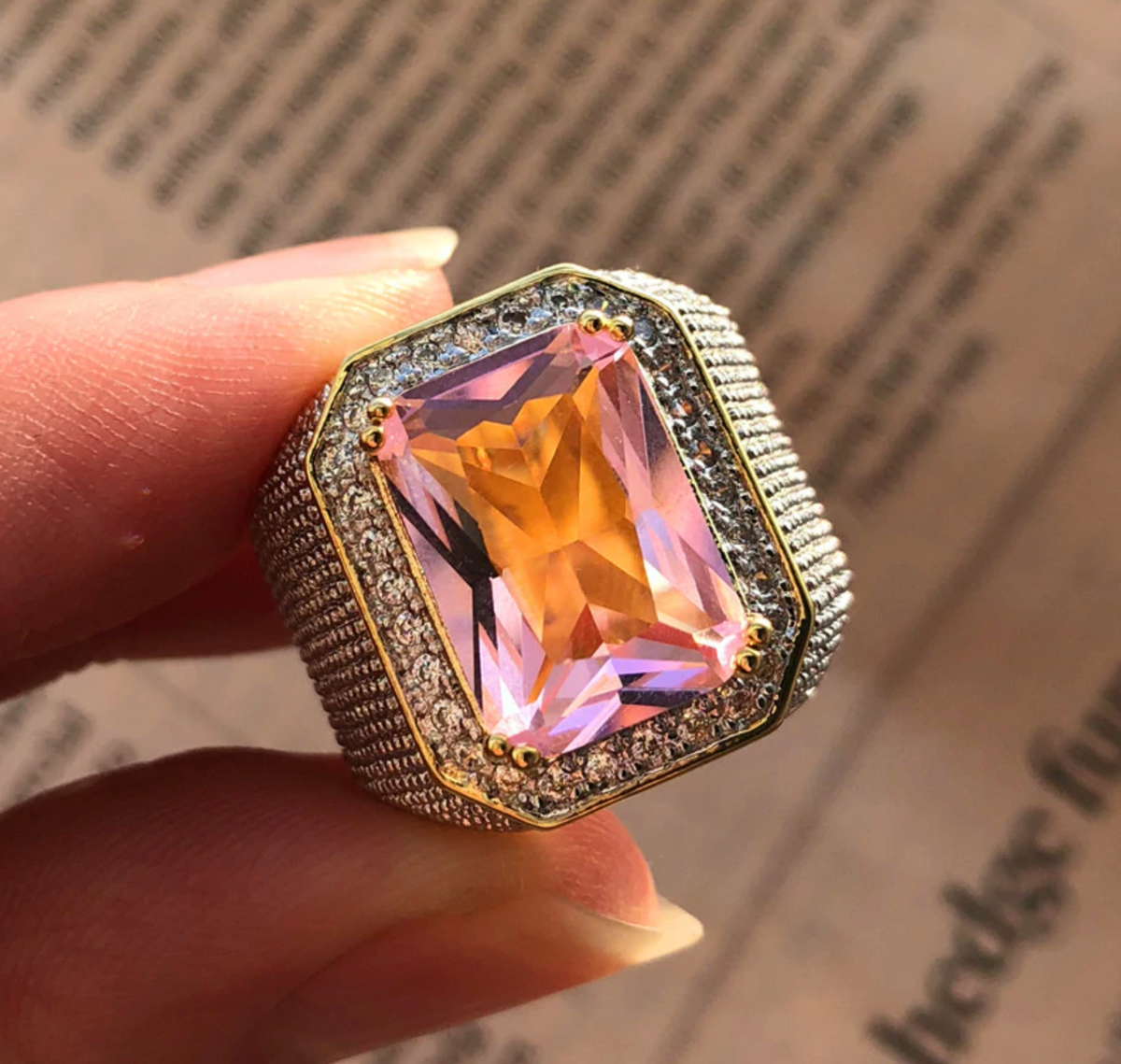 Bishop Ring (Stainless Steel) Pink Zircon Gemstone
