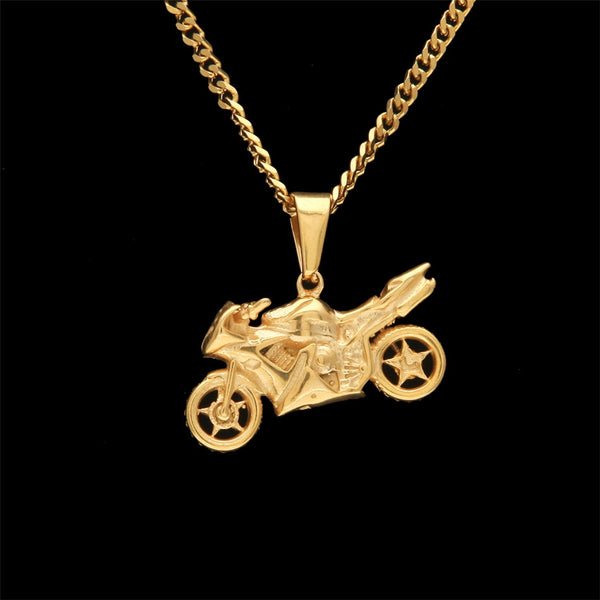 Stainless Steel (Gold Plated) Motorcycle Pendant and Rope Chain