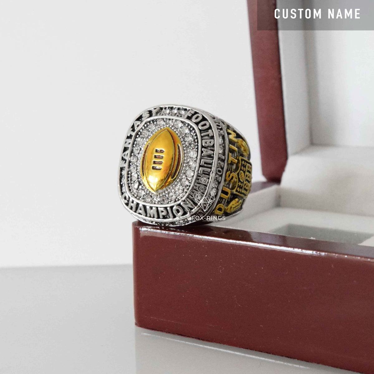 Fantasy Football League (2021) - CUSTOM NAME (Golden Football) Championship Ring (2 Custom Sides) - Fox - Rings