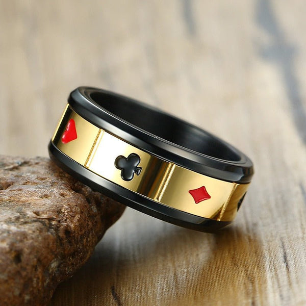 Matte Black (Stainless Steel) Poker Gambling Ring (With Suit Spinner) - Fox - Rings