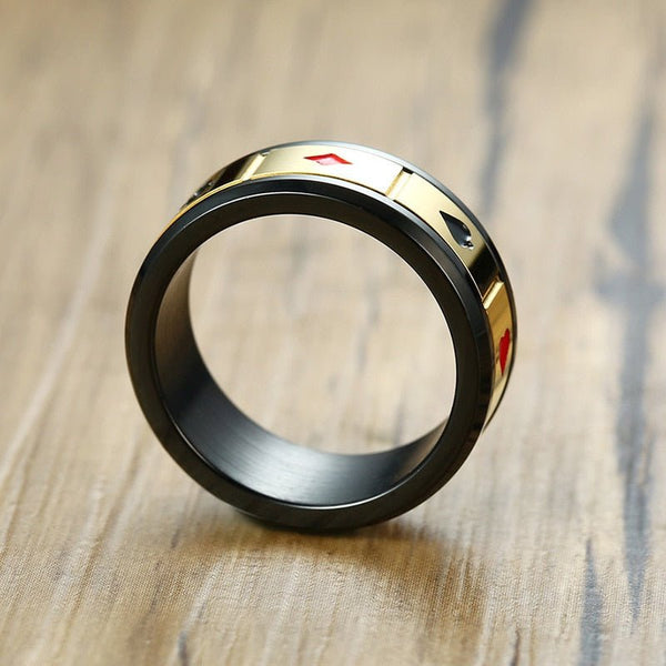 Matte Black (Stainless Steel) Poker Gambling Ring (With Suit Spinner) - Fox - Rings