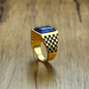 Men's Royal Blue CZ Rhinestone (Stainless Steel) Signet Ring - Checkerboard Sides - Fox - Rings