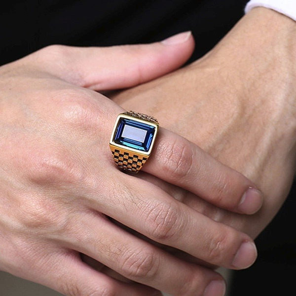 Men's Royal Blue CZ Rhinestone (Stainless Steel) Signet Ring - Checkerboard Sides - Fox - Rings