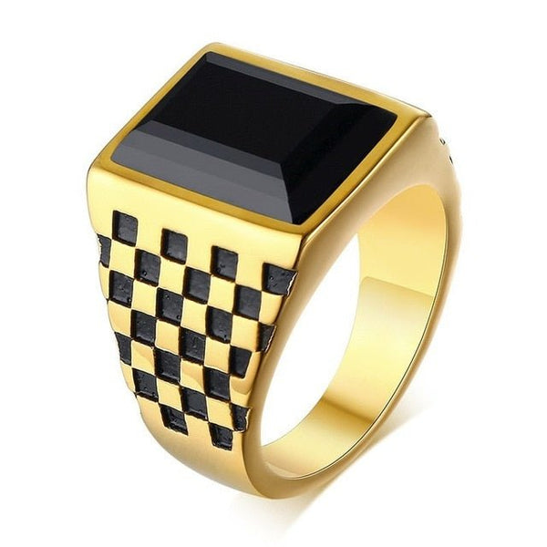 Men's Royal Blue CZ Rhinestone (Stainless Steel) Signet Ring - Checkerboard Sides - Fox - Rings