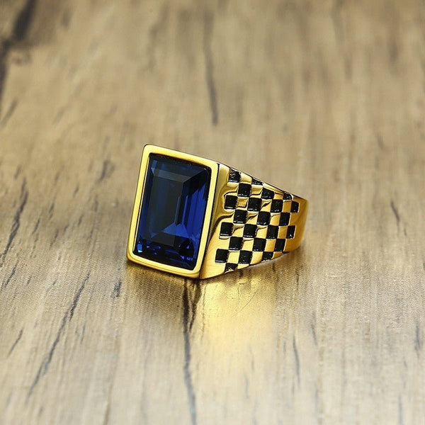 Men's Royal Blue CZ Rhinestone (Stainless Steel) Signet Ring - Checkerboard Sides - Fox - Rings
