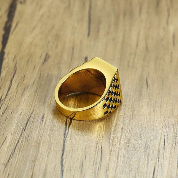 Men's Royal Blue CZ Rhinestone (Stainless Steel) Signet Ring - Checkerboard Sides - Fox - Rings