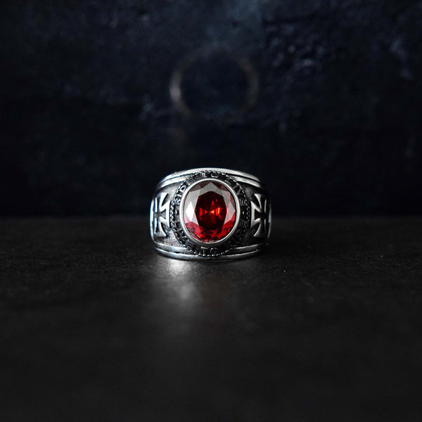 Motorcycle Club Biker Ring (Red Ruby) 316L Stainless Steel (Sizes 7 - 15) - Fox - Rings