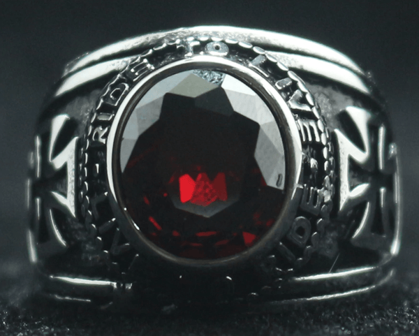 Motorcycle Club Biker Ring (Red Ruby) 316L Stainless Steel (Sizes 7 - 15) - Fox - Rings