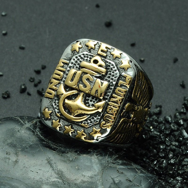 US Navy - Stainless Steel (Titanium) United States Naval Anchor Ring - Fox - Rings