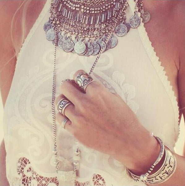 Women's Vintage: Gypsy Bohemian Antique Silver Plated - Mid Knuckle Mini Ring Set (4 pieces) - Fox - Rings