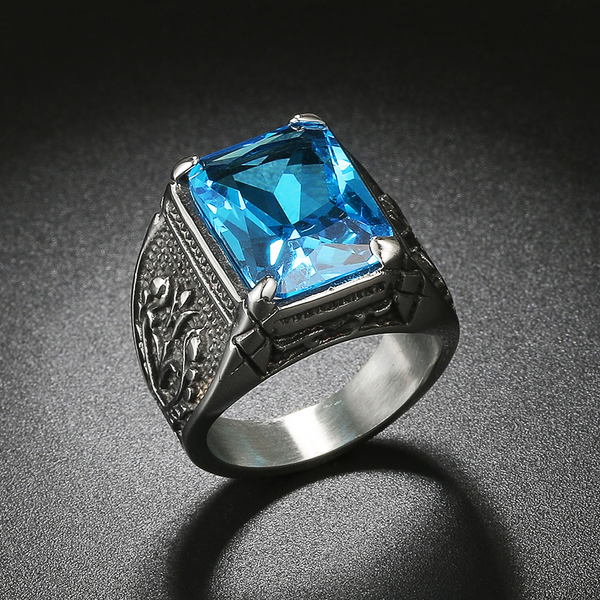 Sky Blue Signet Rhinestone Ring (Stainless Steel)