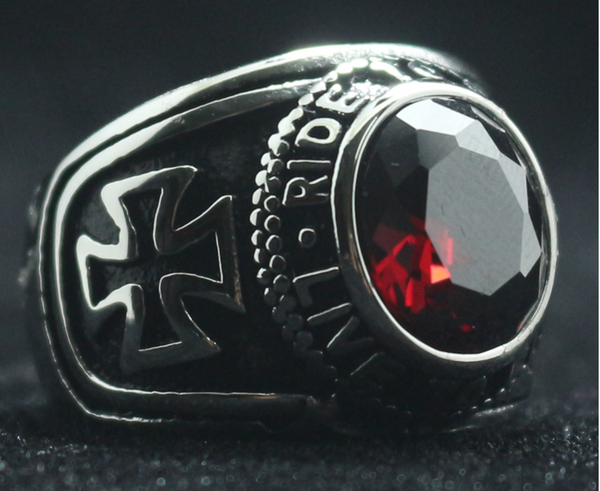 Motorcycle Club Biker Ring (Red Ruby) 316L Stainless Steel (Sizes 7-15)