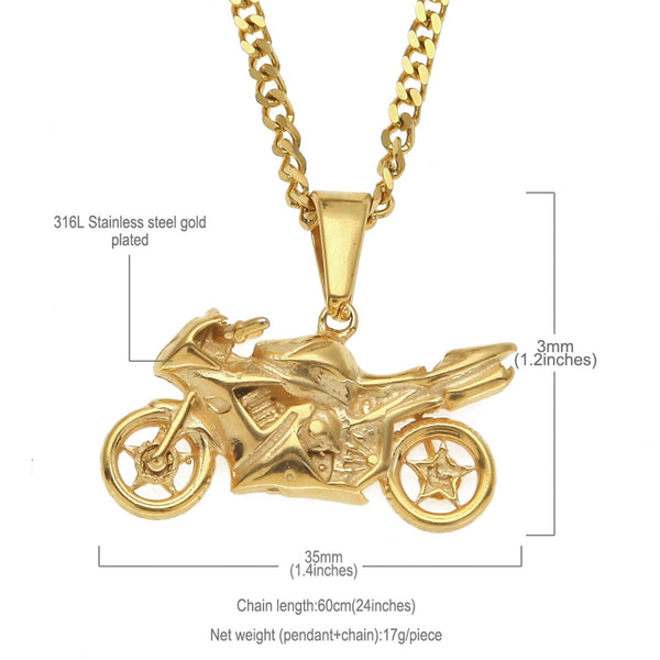 Stainless Steel (Gold Plated) Motorcycle Pendant and Rope Chain